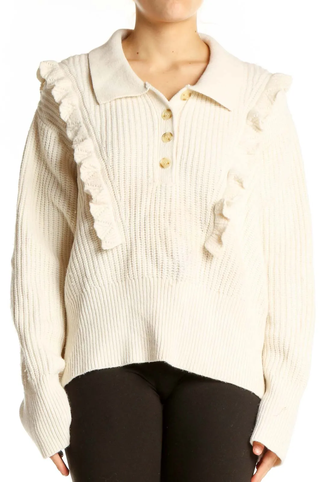 Cream Ribbed Ruffle Collar Sweater
