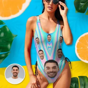 Custom Face Colorful Line Women's New Drawstring Side One Piece Swimsuits