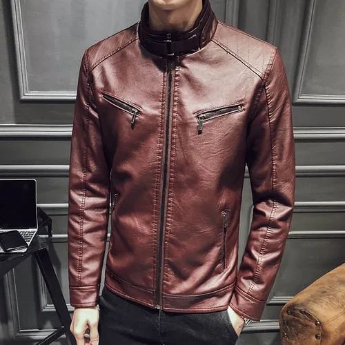 Fashion PU Slim Fleece Warm Men Leather Jacket