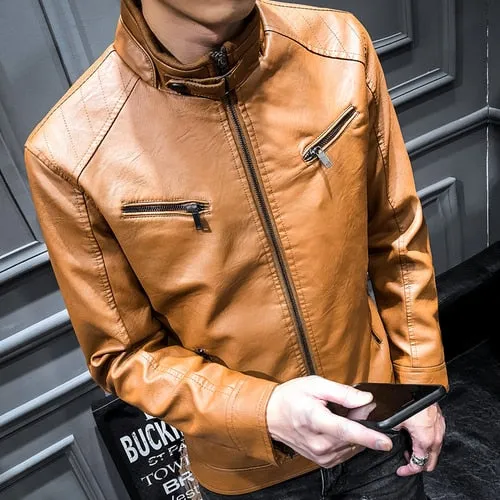 Fashion PU Slim Fleece Warm Men Leather Jacket