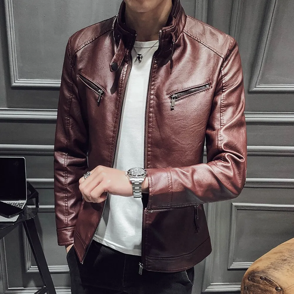Fashion PU Slim Fleece Warm Men Leather Jacket