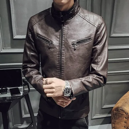 Fashion PU Slim Fleece Warm Men Leather Jacket