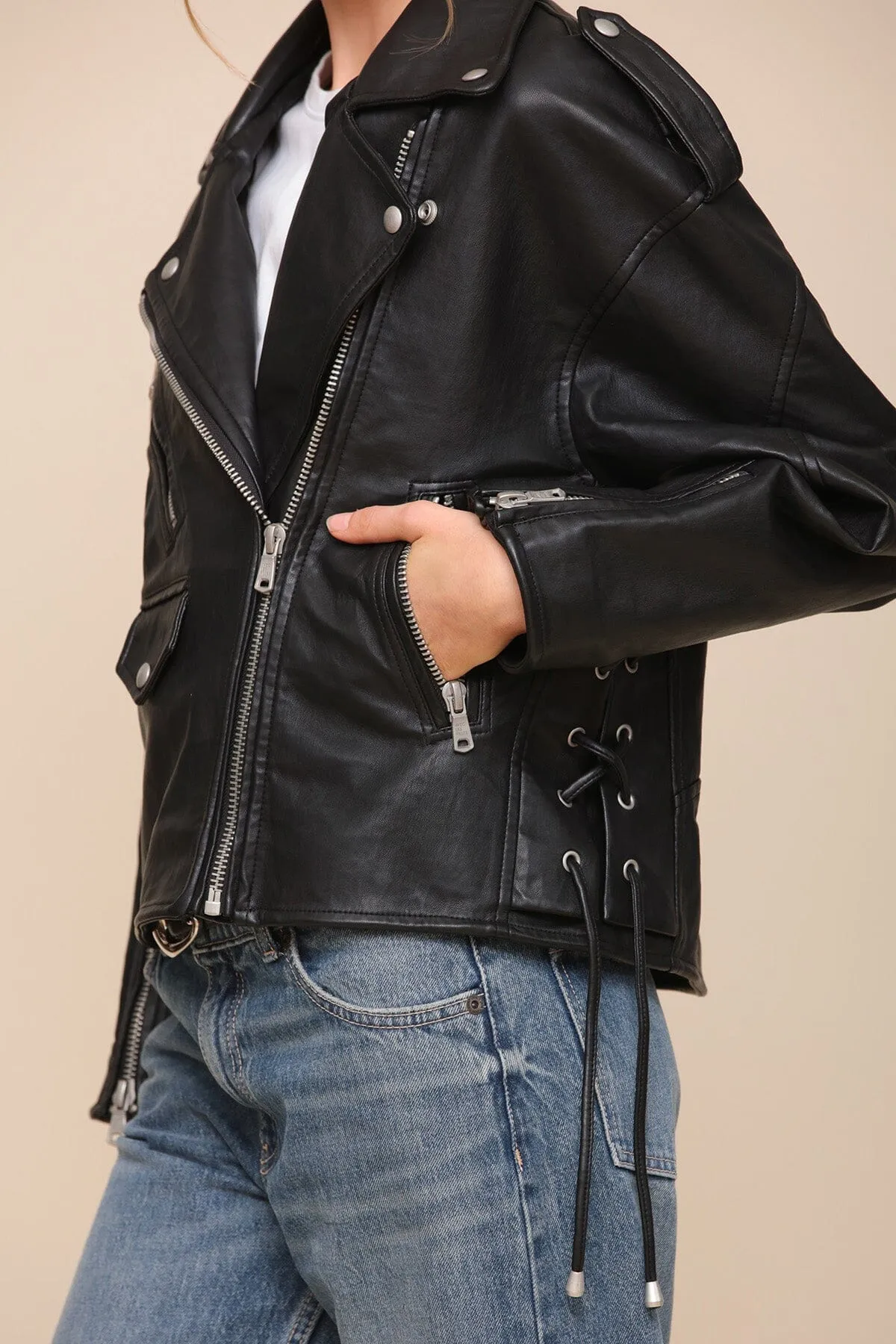 Faux-Ever Leather™ Lace Up Relaxed Fit Biker Jacket