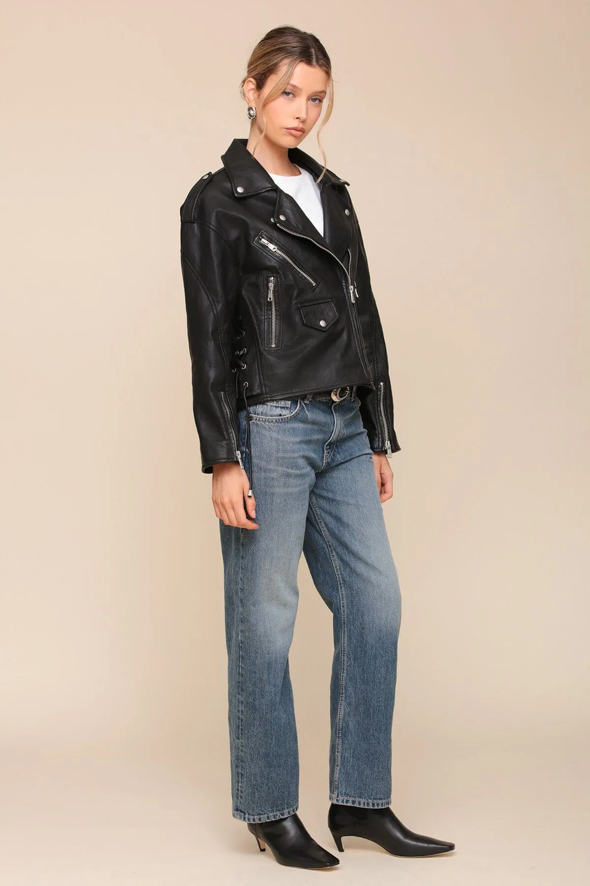 Faux-Ever Leather™ Lace Up Relaxed Fit Biker Jacket