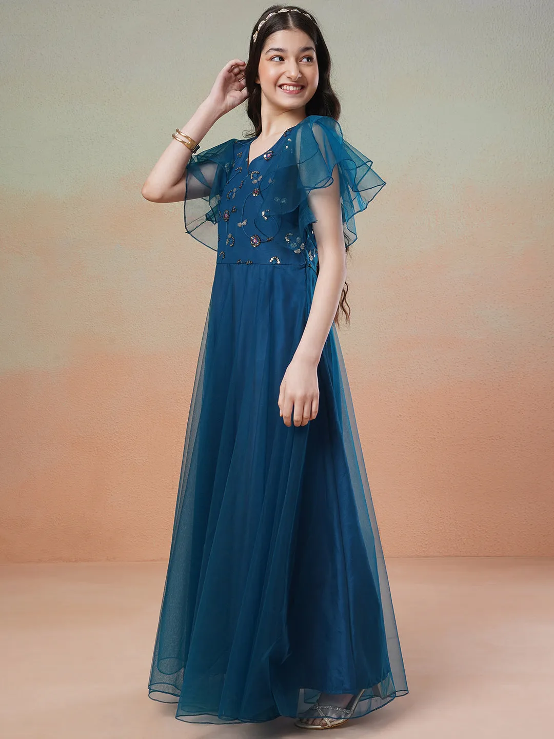 Girls Embellished Fit & Flared Maxi Dresses