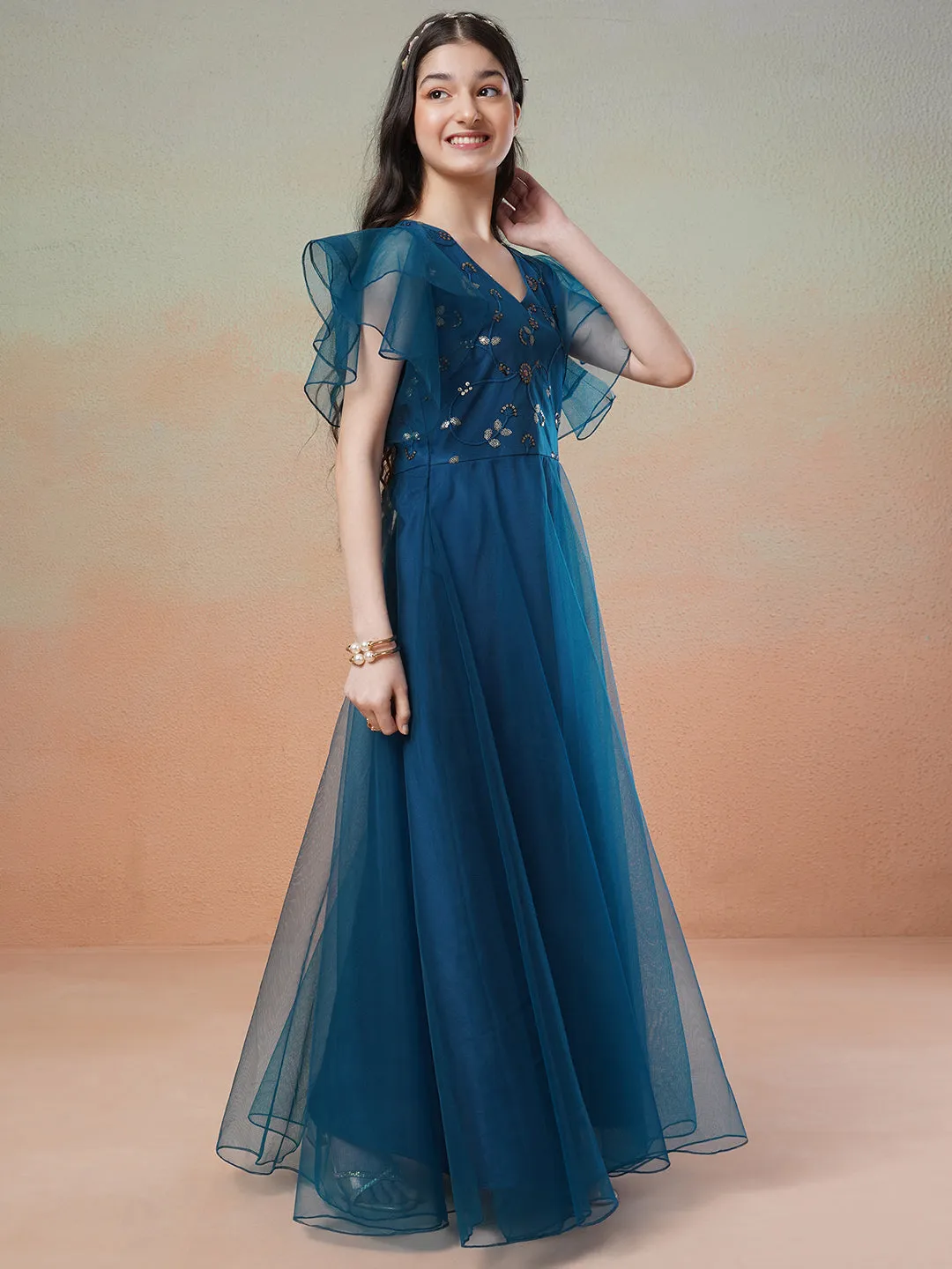 Girls Embellished Fit & Flared Maxi Dresses