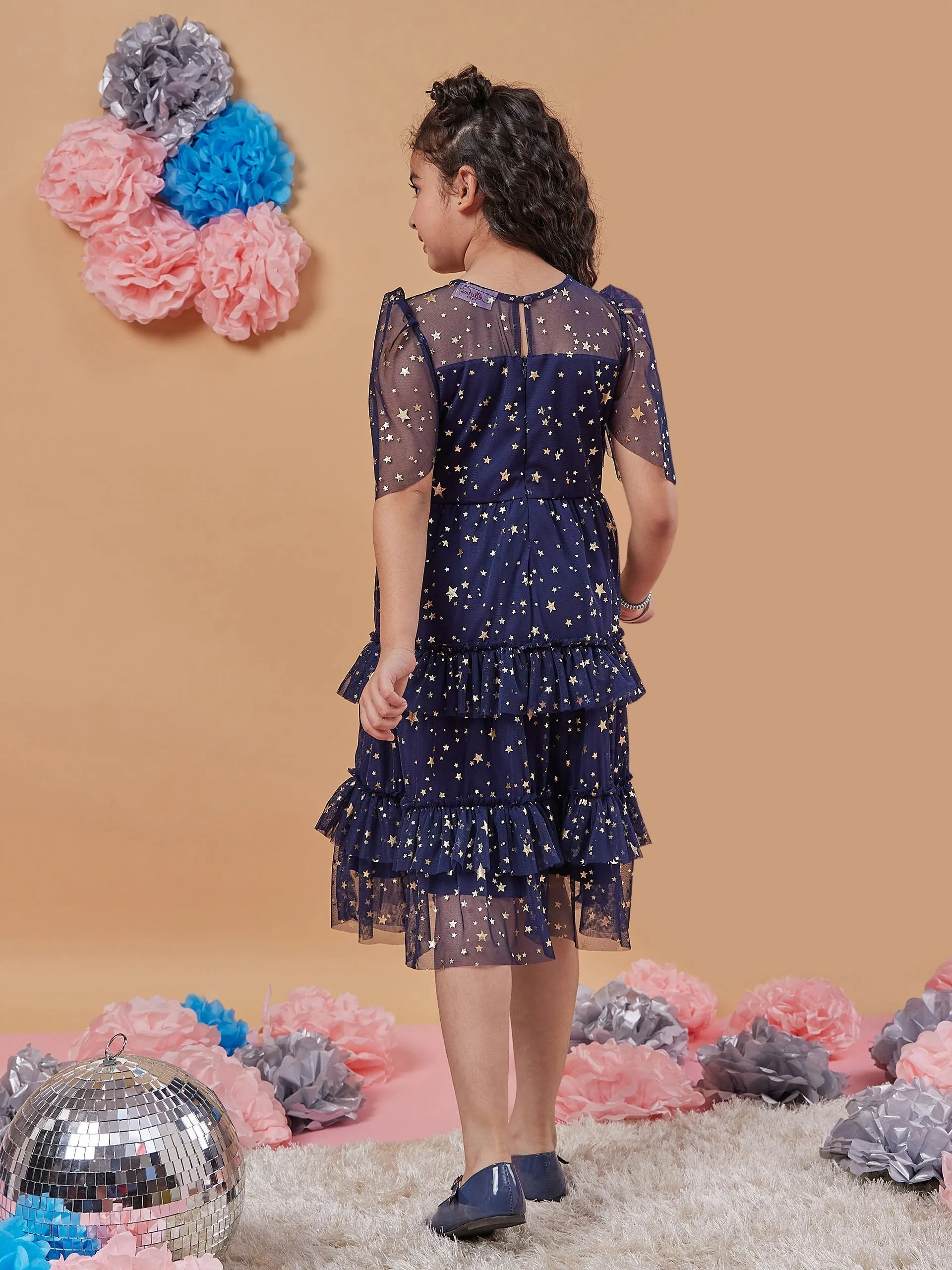 Girls Floral Print Flared Sleeve Net A-Line Midi Dress - PS Peaches