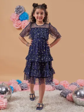 Girls Floral Print Flared Sleeve Net A-Line Midi Dress - PS Peaches
