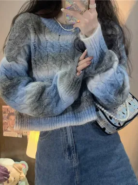 Gradient Color Cable-Knit Retro Japanese Style Knitting Sweater