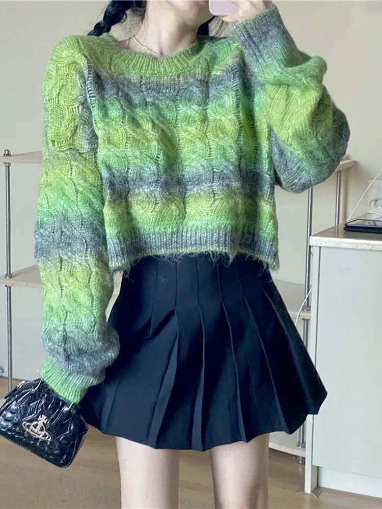 Gradient Color Cable-Knit Retro Japanese Style Knitting Sweater