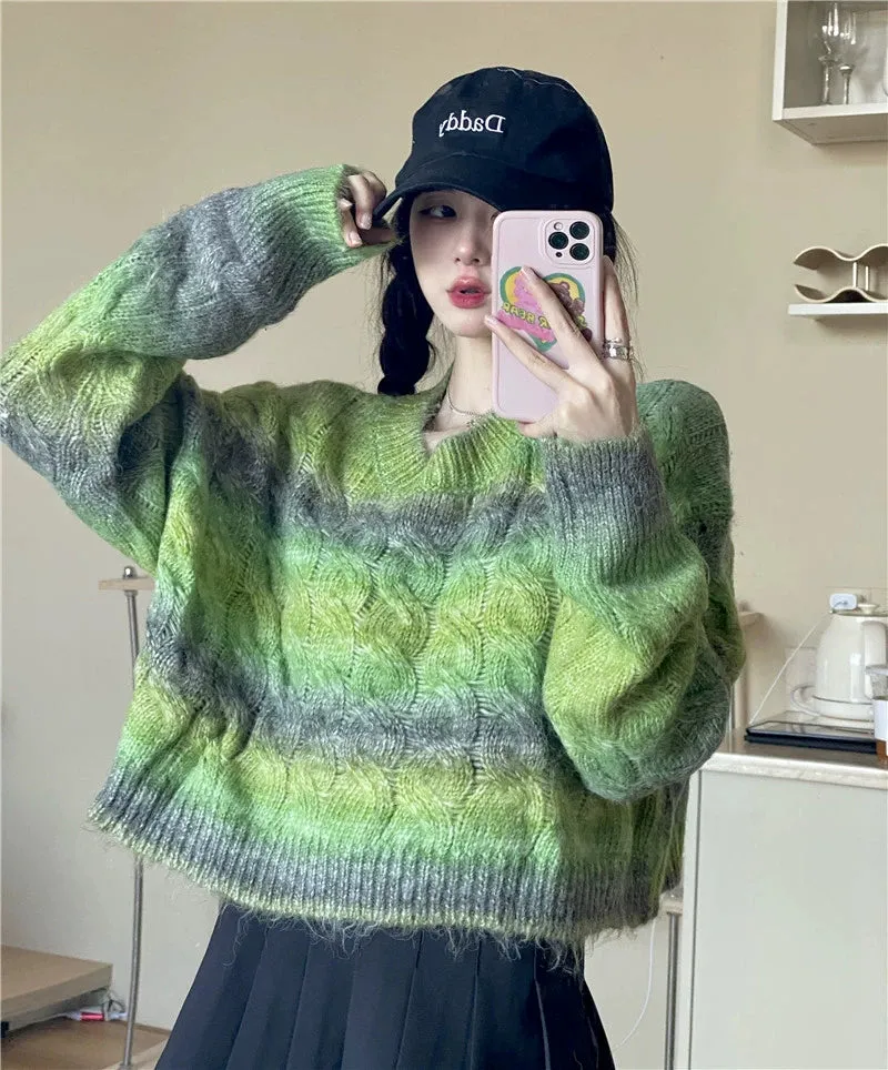 Gradient Color Cable-Knit Retro Japanese Style Knitting Sweater