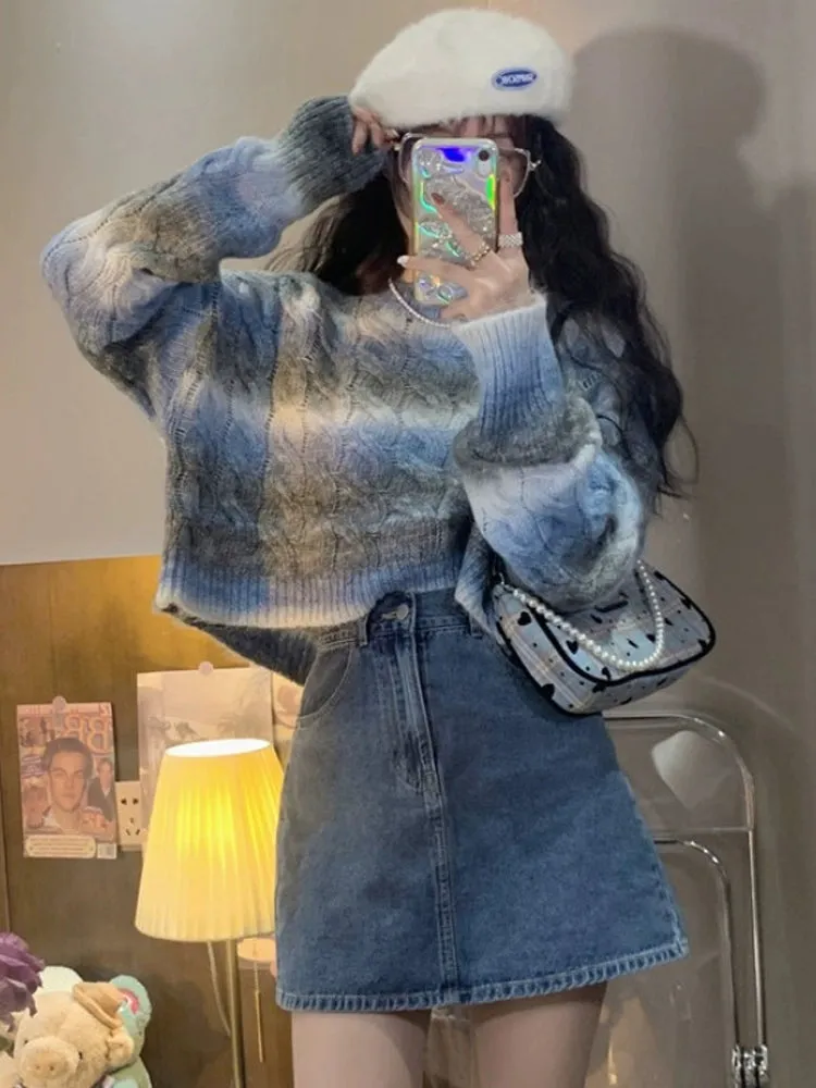 Gradient Color Cable-Knit Retro Japanese Style Knitting Sweater