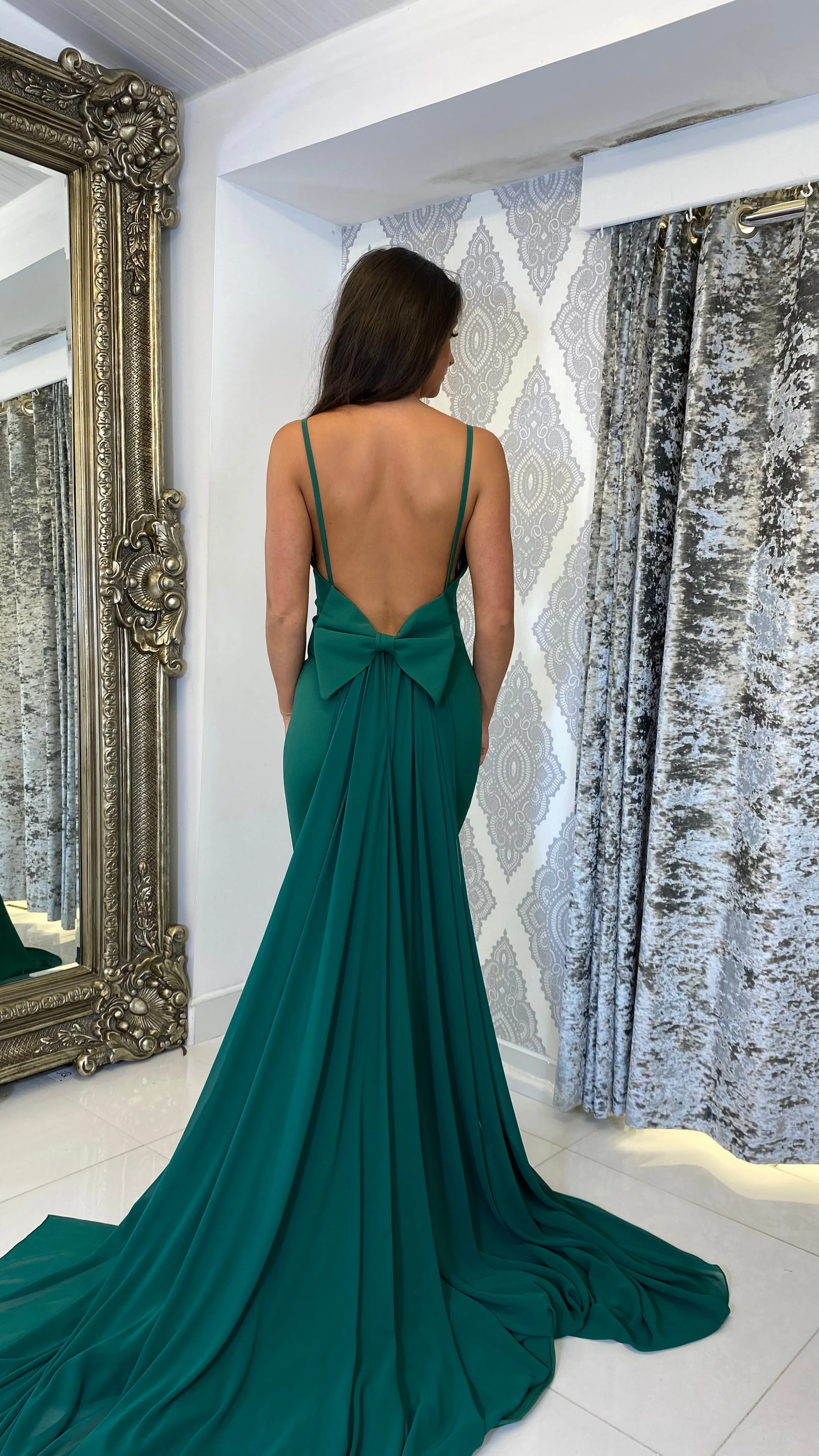 Green Bow Back Chiffon Trail Prom Dress
