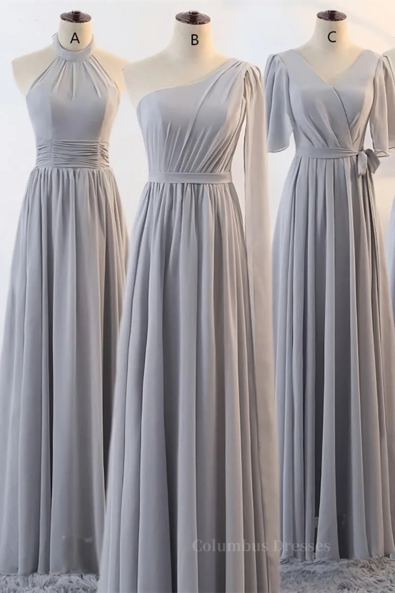 Grey Chiffon Long Mismatched Bridesmaid Dresses