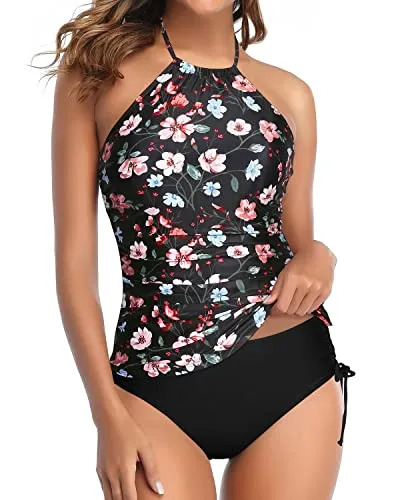 Halter Tankini Top With Bikini Bottom Tummy Control Two Piece Swimsuits-Black And Pink Floral