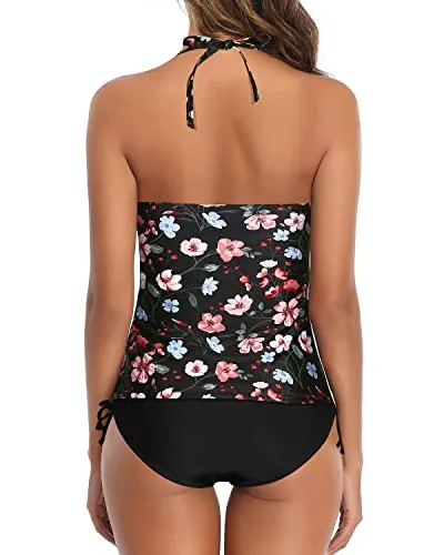 Halter Tankini Top With Bikini Bottom Tummy Control Two Piece Swimsuits-Black And Pink Floral