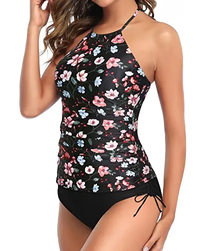 Halter Tankini Top With Bikini Bottom Tummy Control Two Piece Swimsuits-Black And Pink Floral