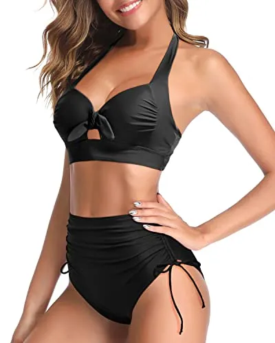High Waisted Retro Bikini for Women Tie Knot Halter Two Piece Bathing Suit