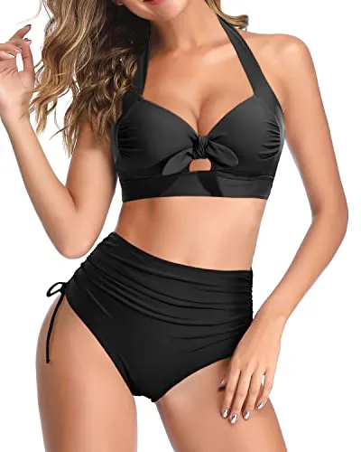 High Waisted Retro Bikini for Women Tie Knot Halter Two Piece Bathing Suit