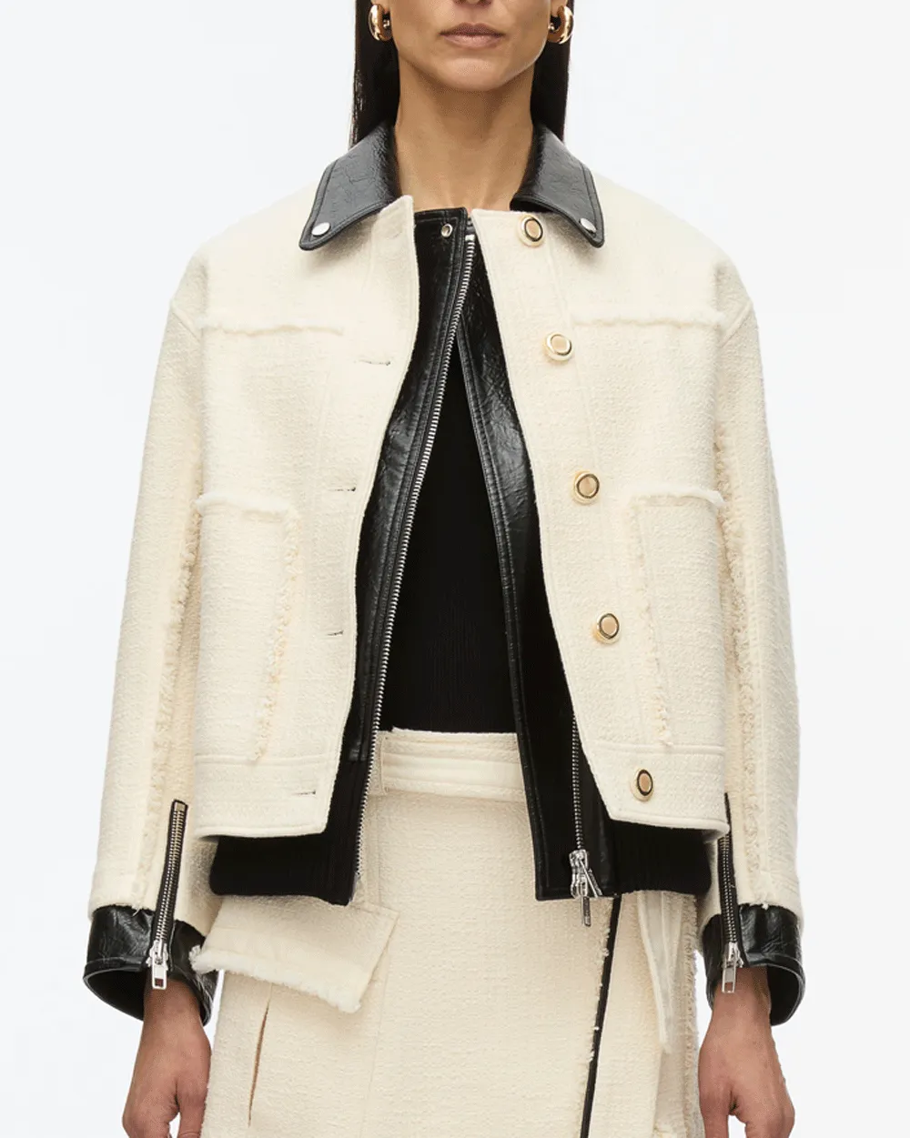 Ivory Black Tweed Moto Jacket with Leather Combo