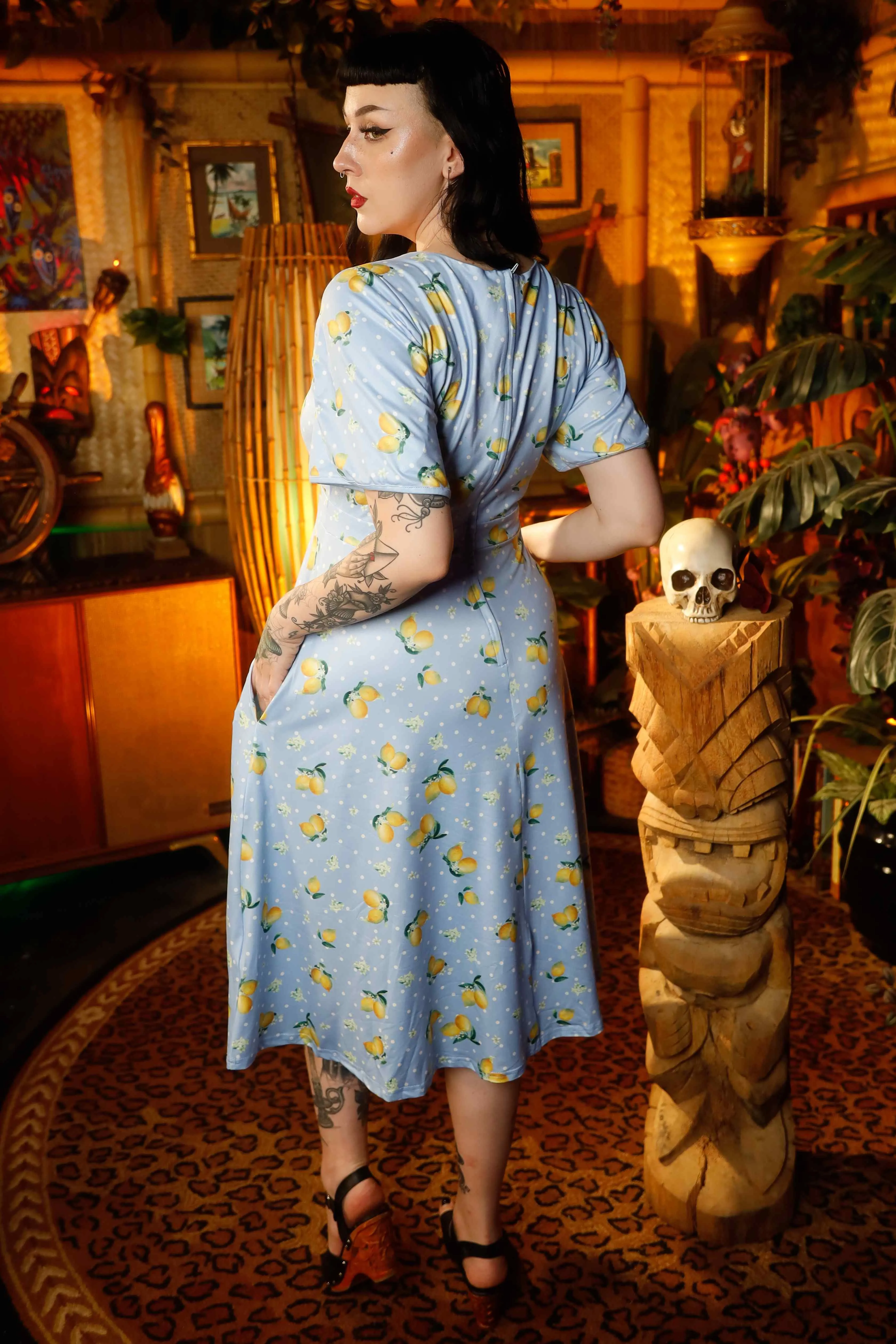 Janice Blue Lemon Petal Sleeved Tea Dress