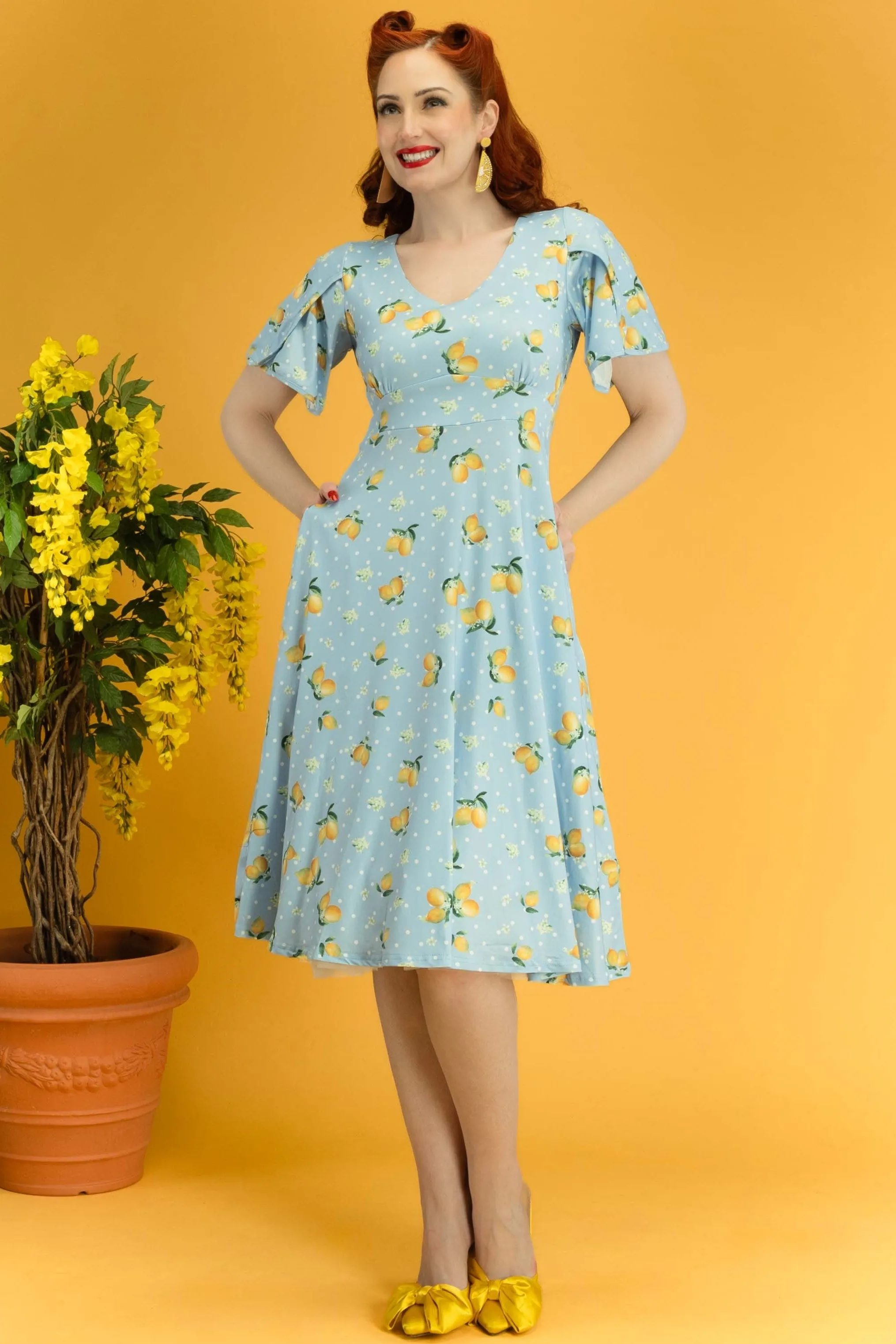 Janice Blue Lemon Petal Sleeved Tea Dress