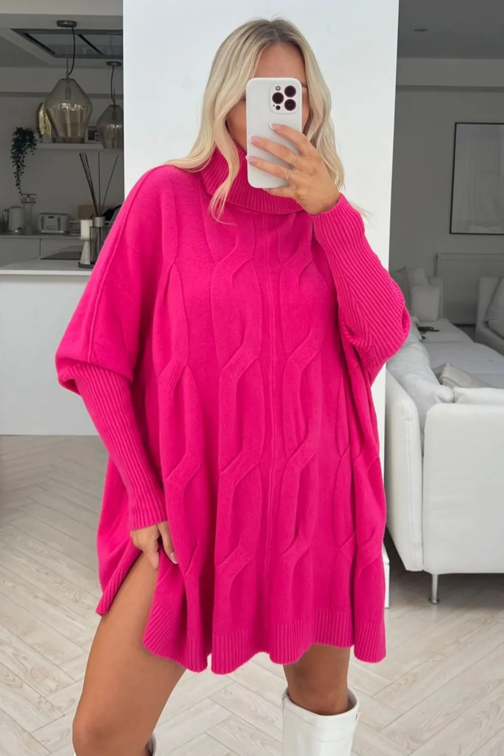 jayda pink cable knit roll neck jumper