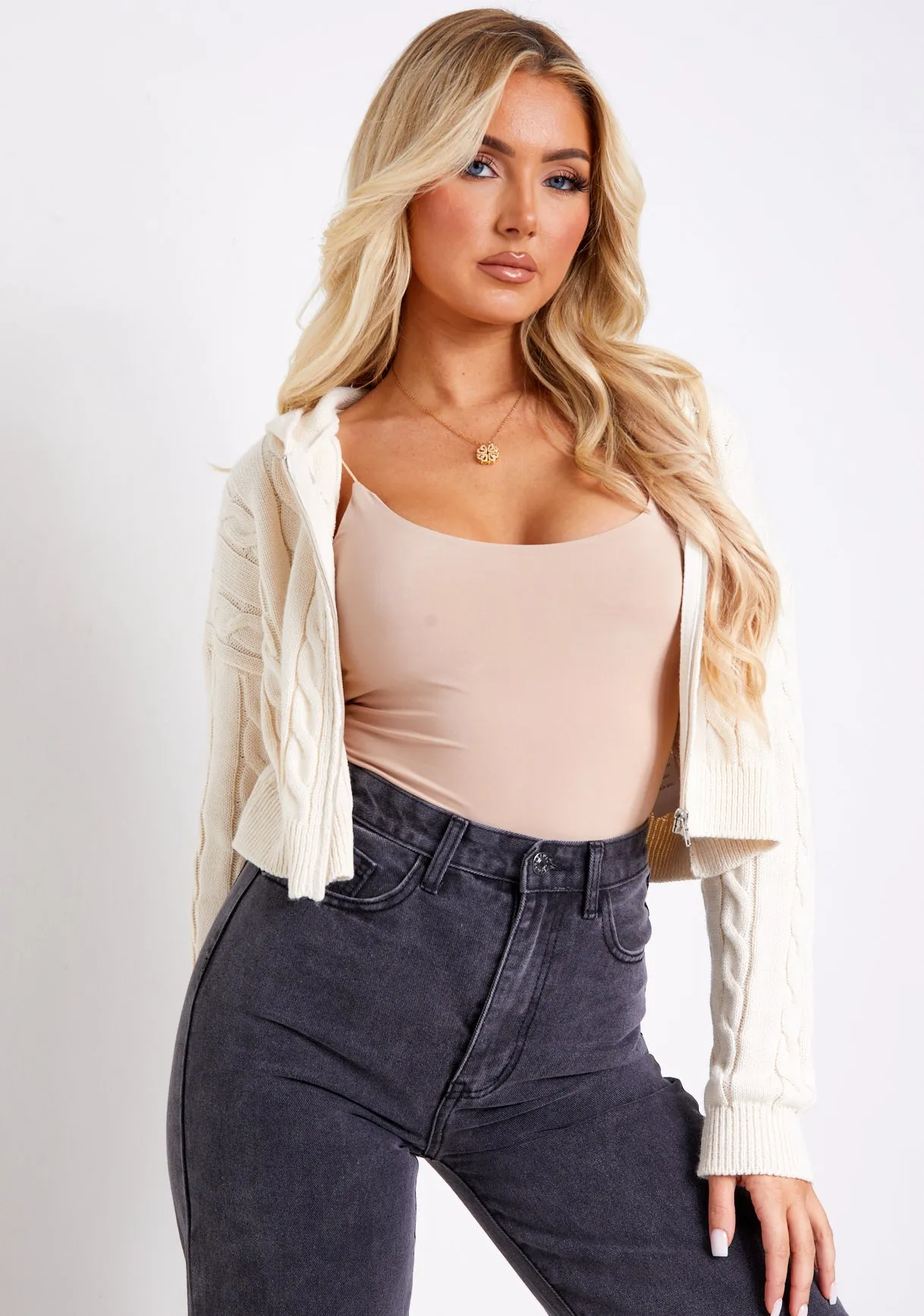 Kendra Beige Cable Knit Zip Through Hooded Jacket