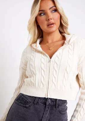 Kendra Beige Cable Knit Zip Through Hooded Jacket