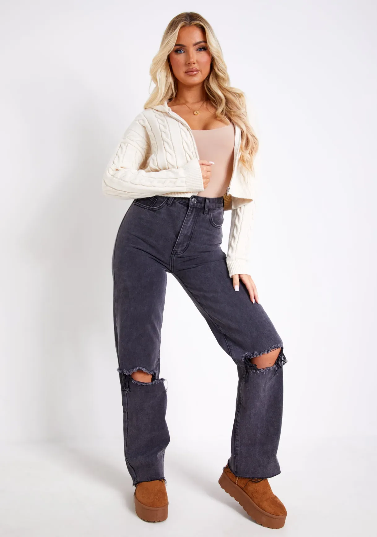 Kendra Beige Cable Knit Zip Through Hooded Jacket