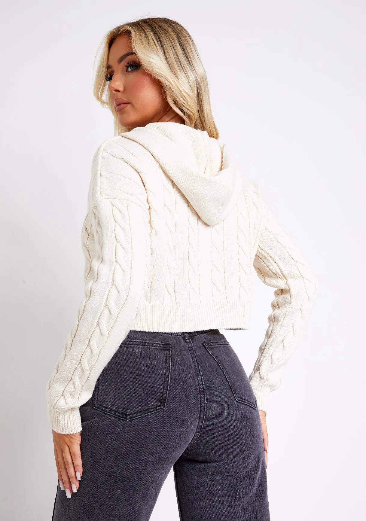 Kendra Beige Cable Knit Zip Through Hooded Jacket
