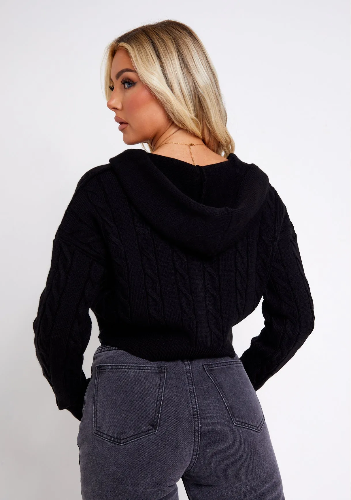 Kendra Black Cable Knit Zip Through Hooded Jacket