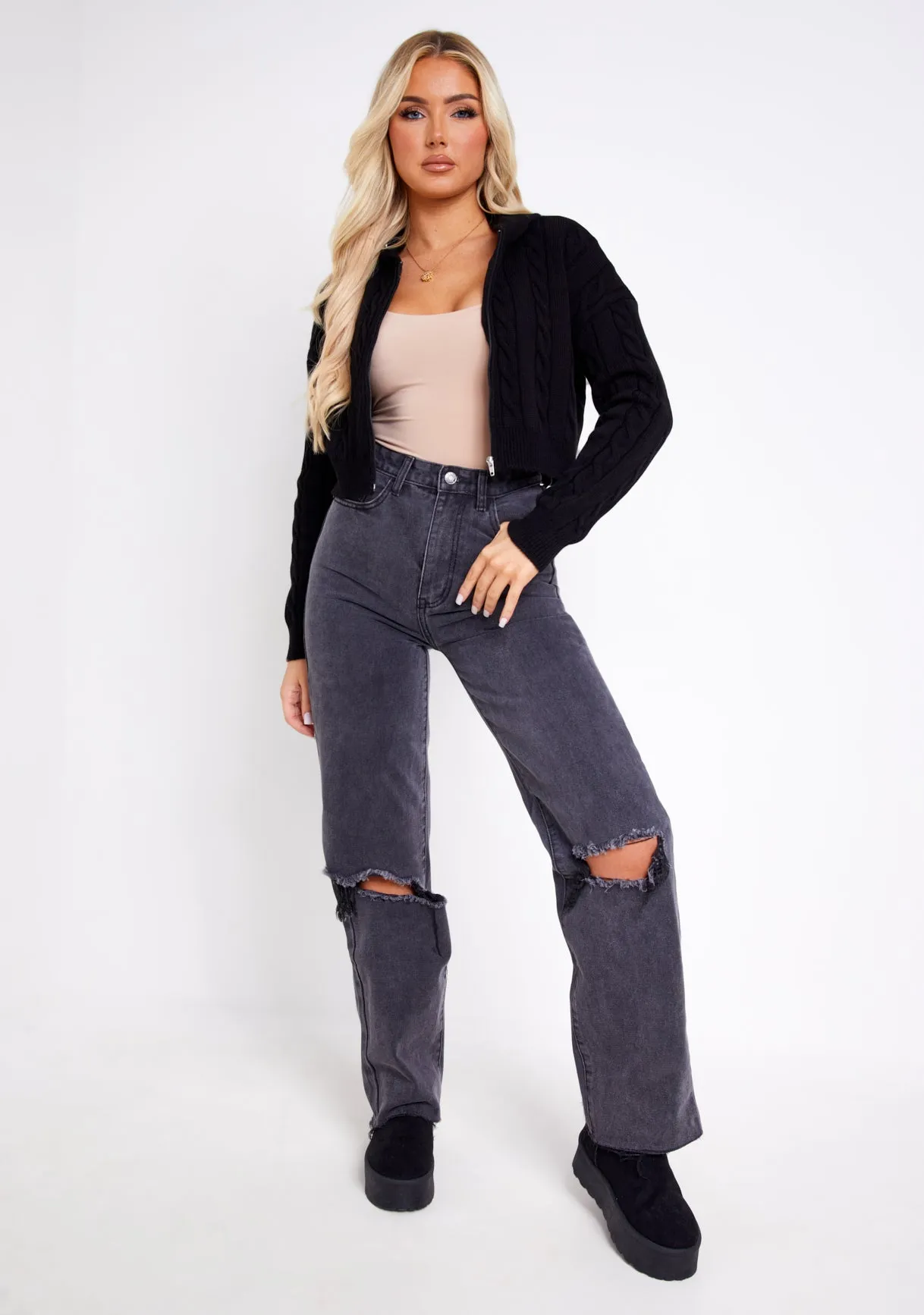 Kendra Black Cable Knit Zip Through Hooded Jacket