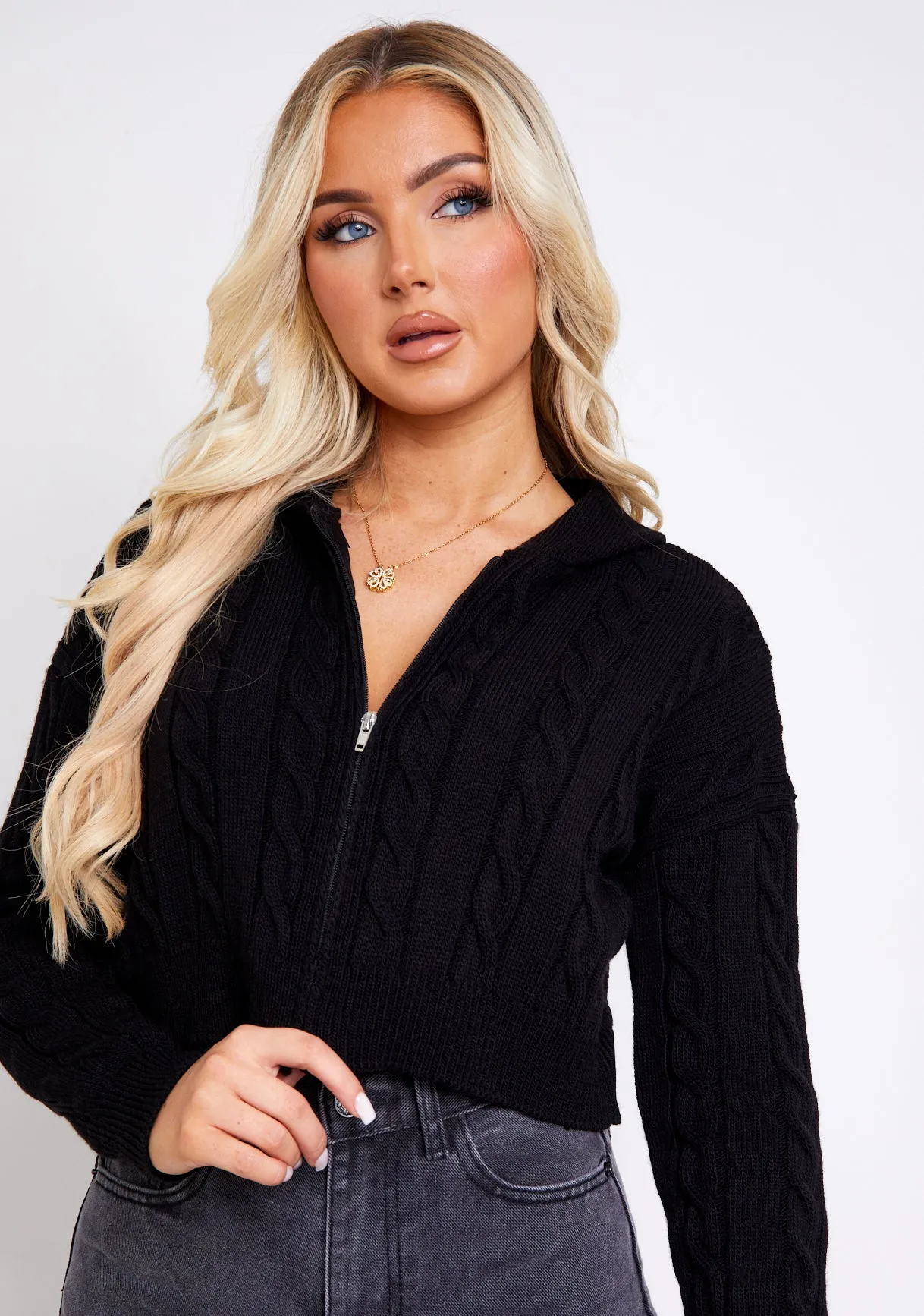 Kendra Black Cable Knit Zip Through Hooded Jacket