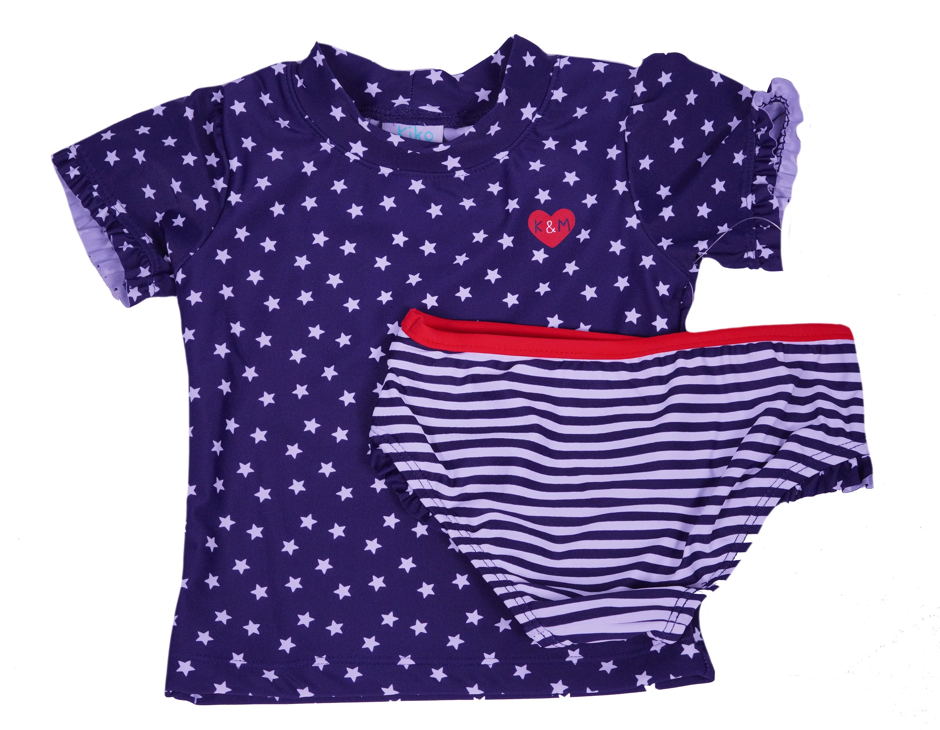 Kiko & Max Little Girl's Star Short Sleeve 2 Piece Rashguard Swim Set Blue Red