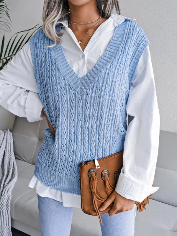 Knitted V Neck Sweater - Twist Cable Knit Vest