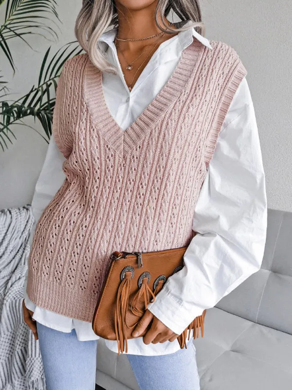 Knitted V Neck Sweater - Twist Cable Knit Vest