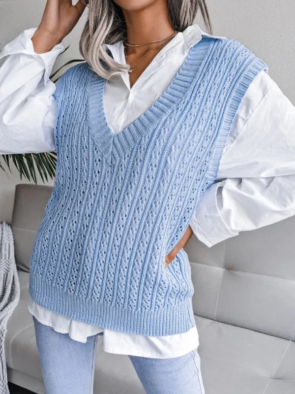 Knitted V Neck Sweater - Twist Cable Knit Vest