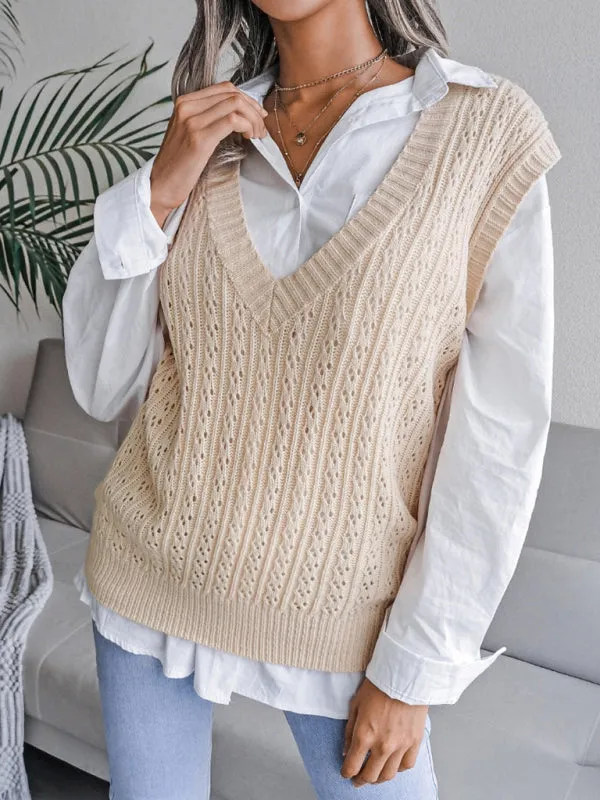 Knitted V Neck Sweater - Twist Cable Knit Vest