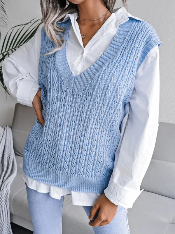 Knitted V Neck Sweater - Twist Cable Knit Vest