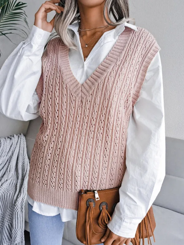 Knitted V Neck Sweater - Twist Cable Knit Vest