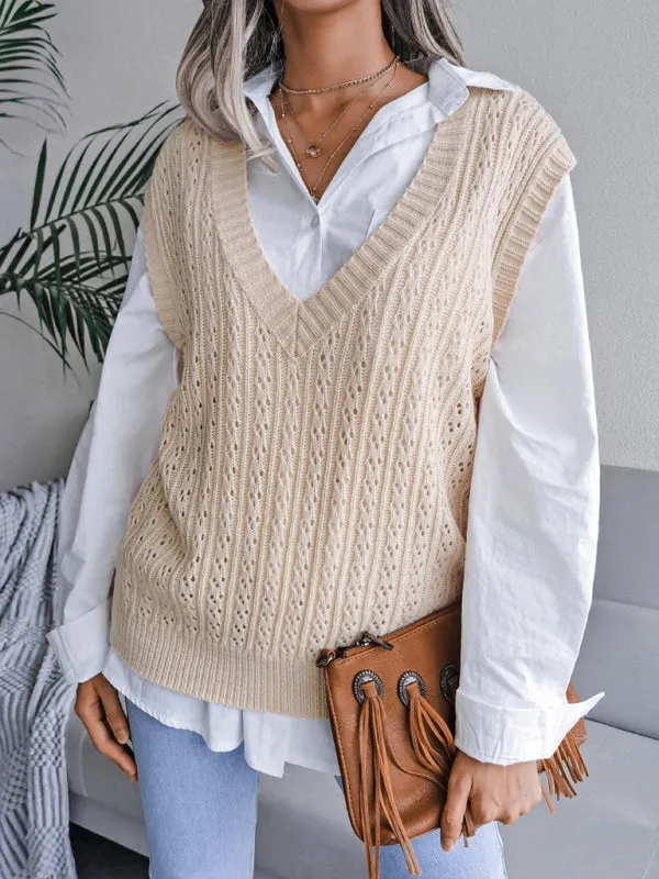 Knitted V Neck Sweater - Twist Cable Knit Vest