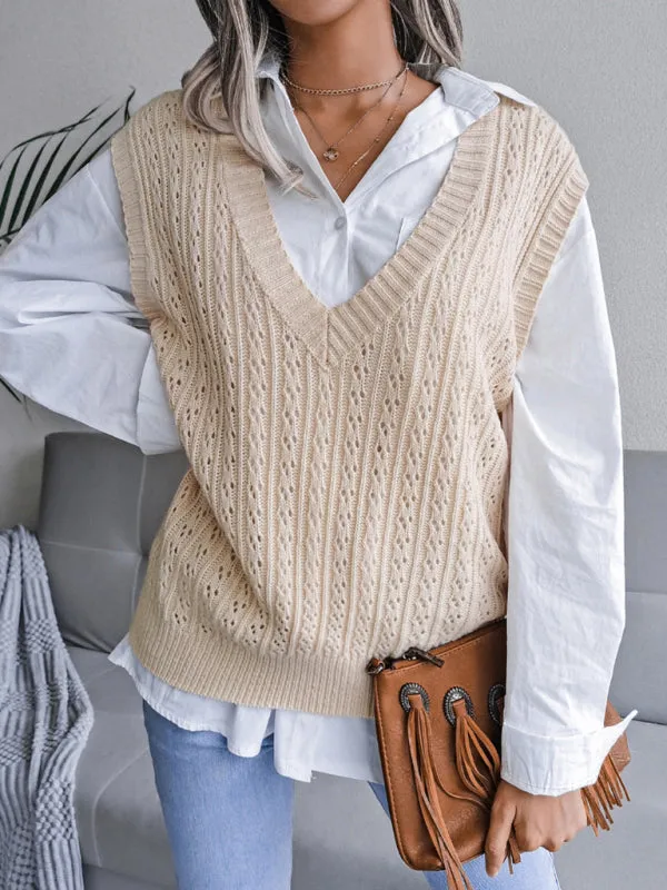 Knitted V Neck Sweater - Twist Cable Knit Vest