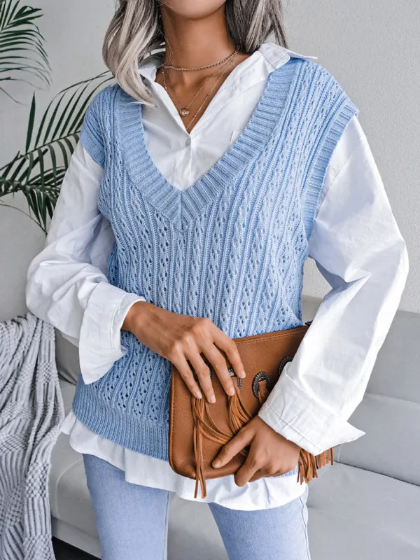Knitted V Neck Sweater - Twist Cable Knit Vest