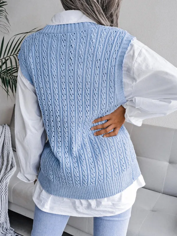 Knitted V Neck Sweater - Twist Cable Knit Vest
