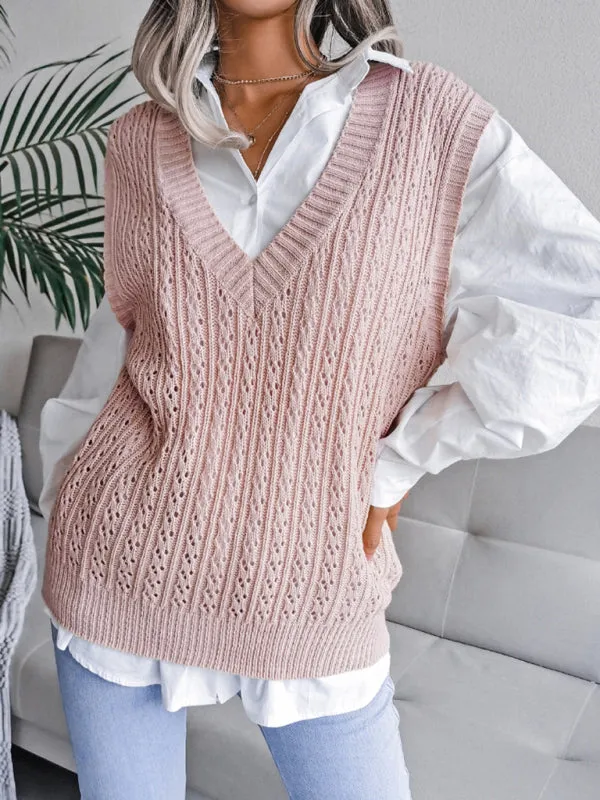 Knitted V Neck Sweater - Twist Cable Knit Vest