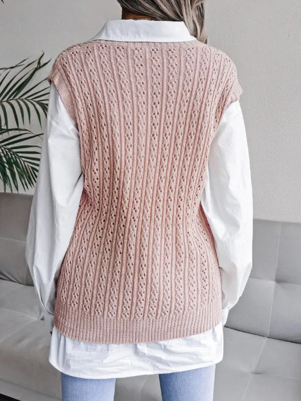 Knitted V Neck Sweater - Twist Cable Knit Vest