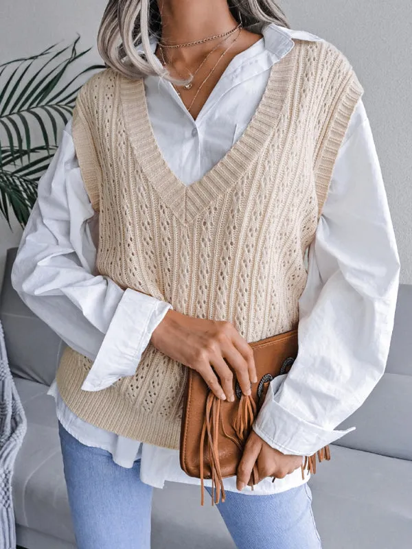 Knitted V Neck Sweater - Twist Cable Knit Vest