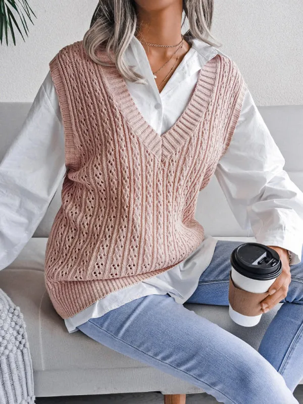 Knitted V Neck Sweater - Twist Cable Knit Vest