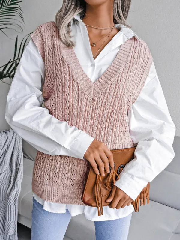Knitted V Neck Sweater - Twist Cable Knit Vest